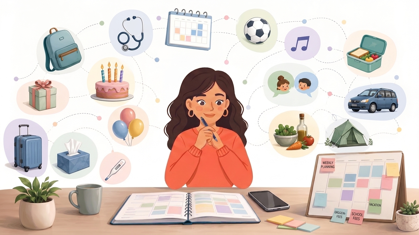 Illustration of a busy mom juggling school runs, appointments, and family activities